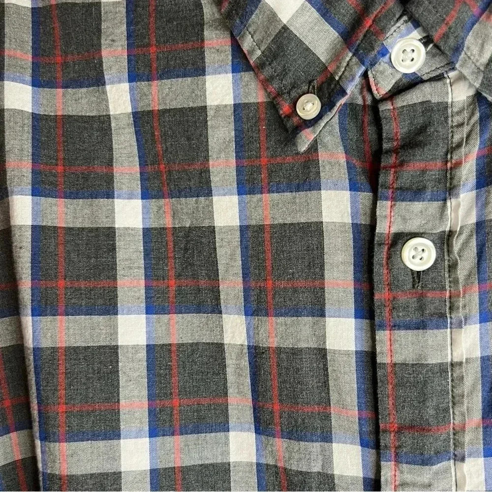 J Crew Men’s Heathered Cotton Plaid Button Down Shirt Size XL Gray Blue Red GUC